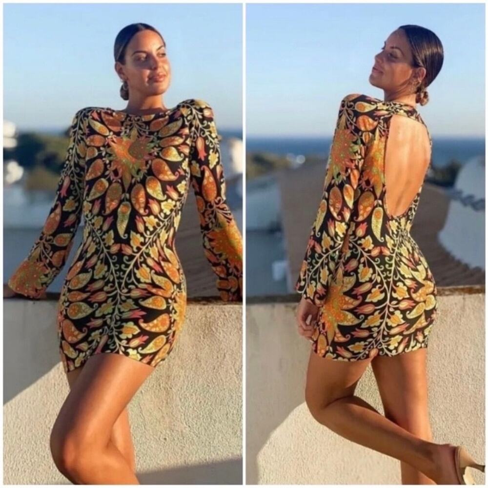NWT Zara multicolor open back bell sleeve mini dress